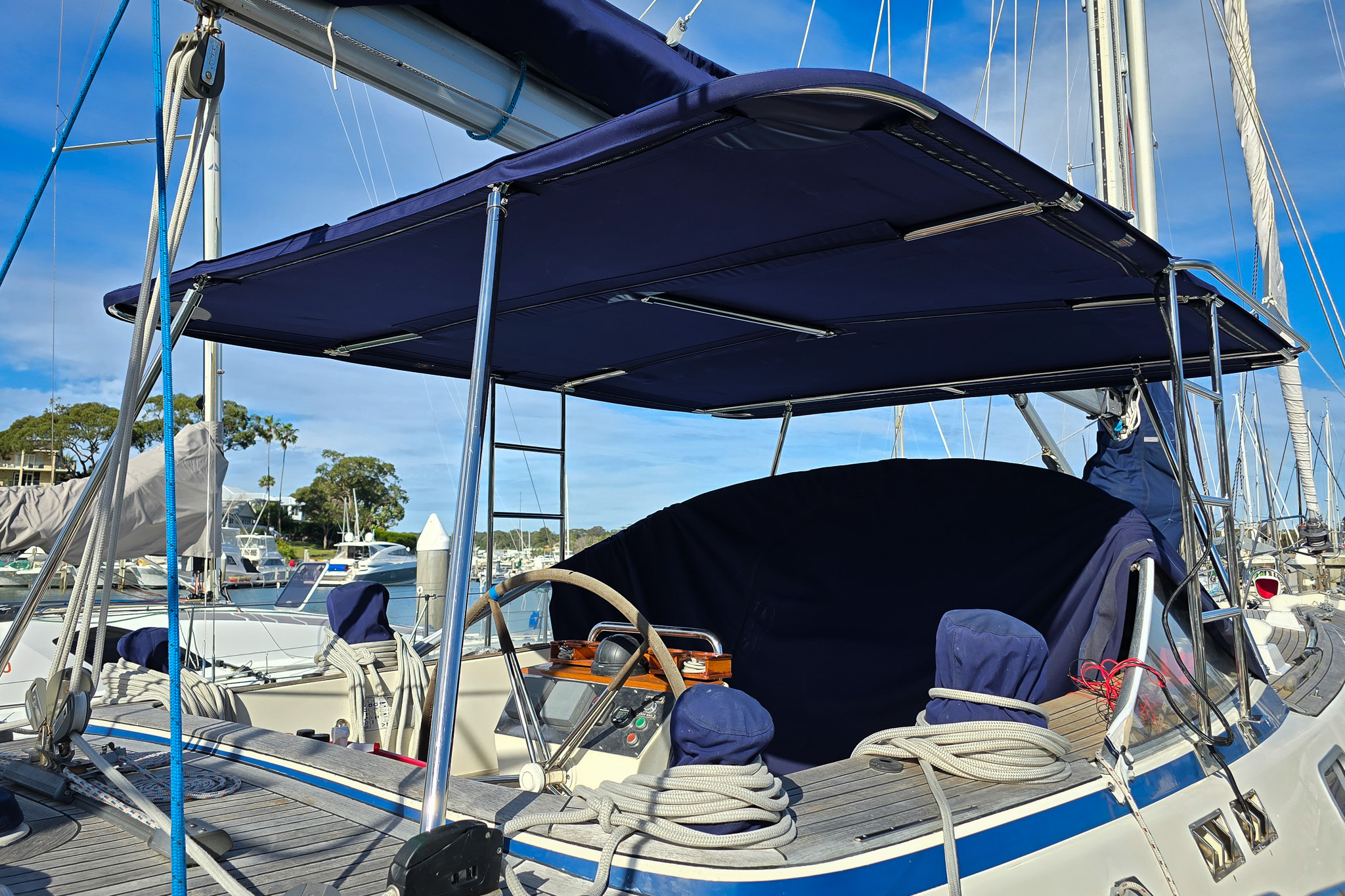 Bimini navy blue on sailing yacht