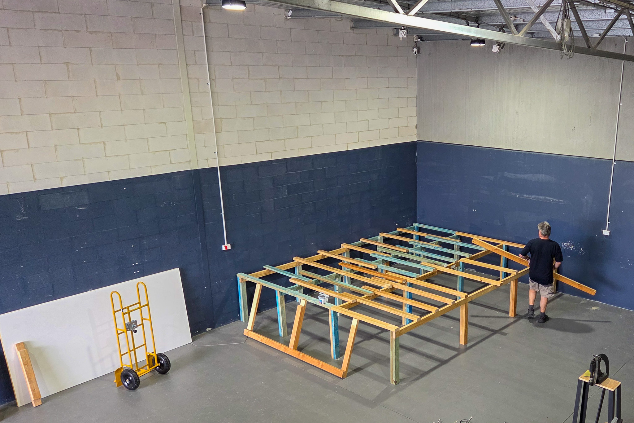 Beryn Lawes building a large custom cutting table in the new Ocean Covers workshop