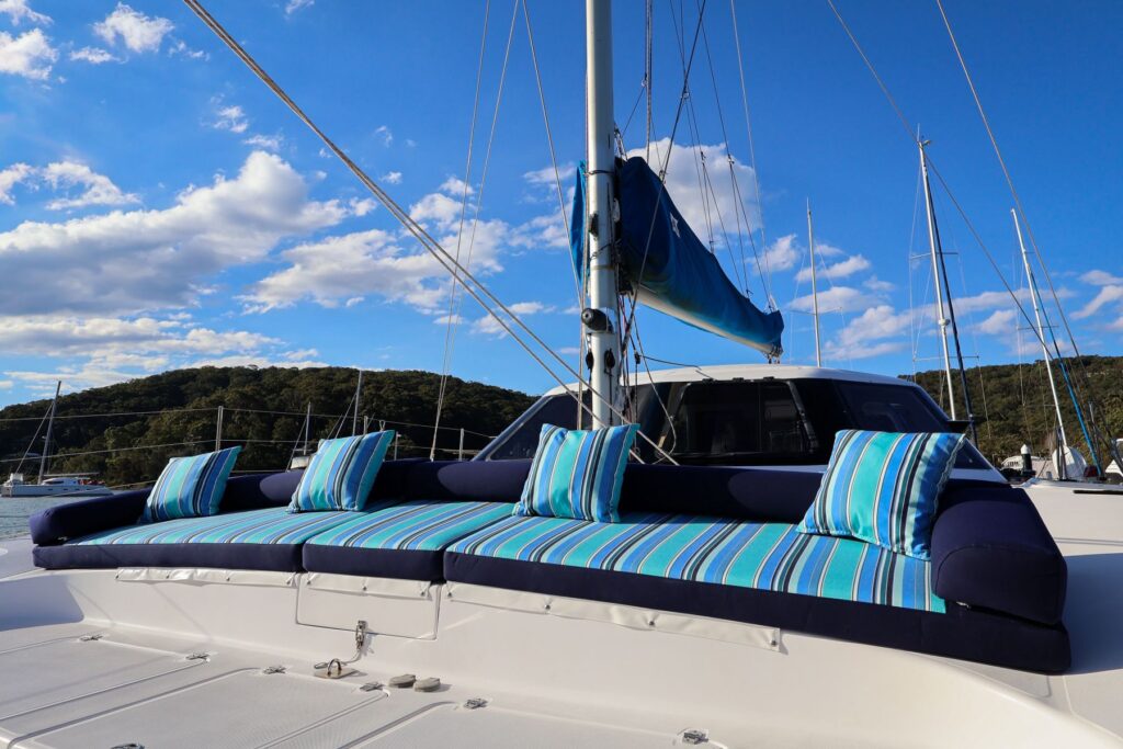 Seawind 1160 Custom Forward Deck Sunbed Custom Seawind 1160 forward deck sunbed with Sunbrella Dolce Oasis upholstery