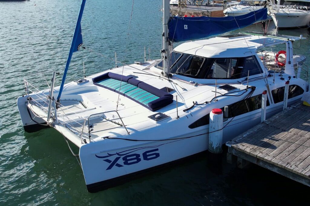 Seawind 1160 Forward Deck Sunbed Aerial view of custom sunbed fitted to the forward deck of a Seawind 1160 catamaran
